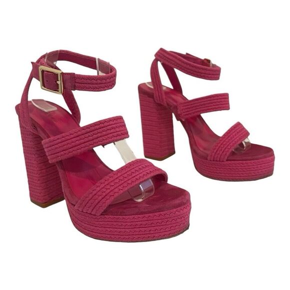 Raye Womens Size 8.5 Pink Woven Ankle Wrap Akita Heel - Picture 1 of 7